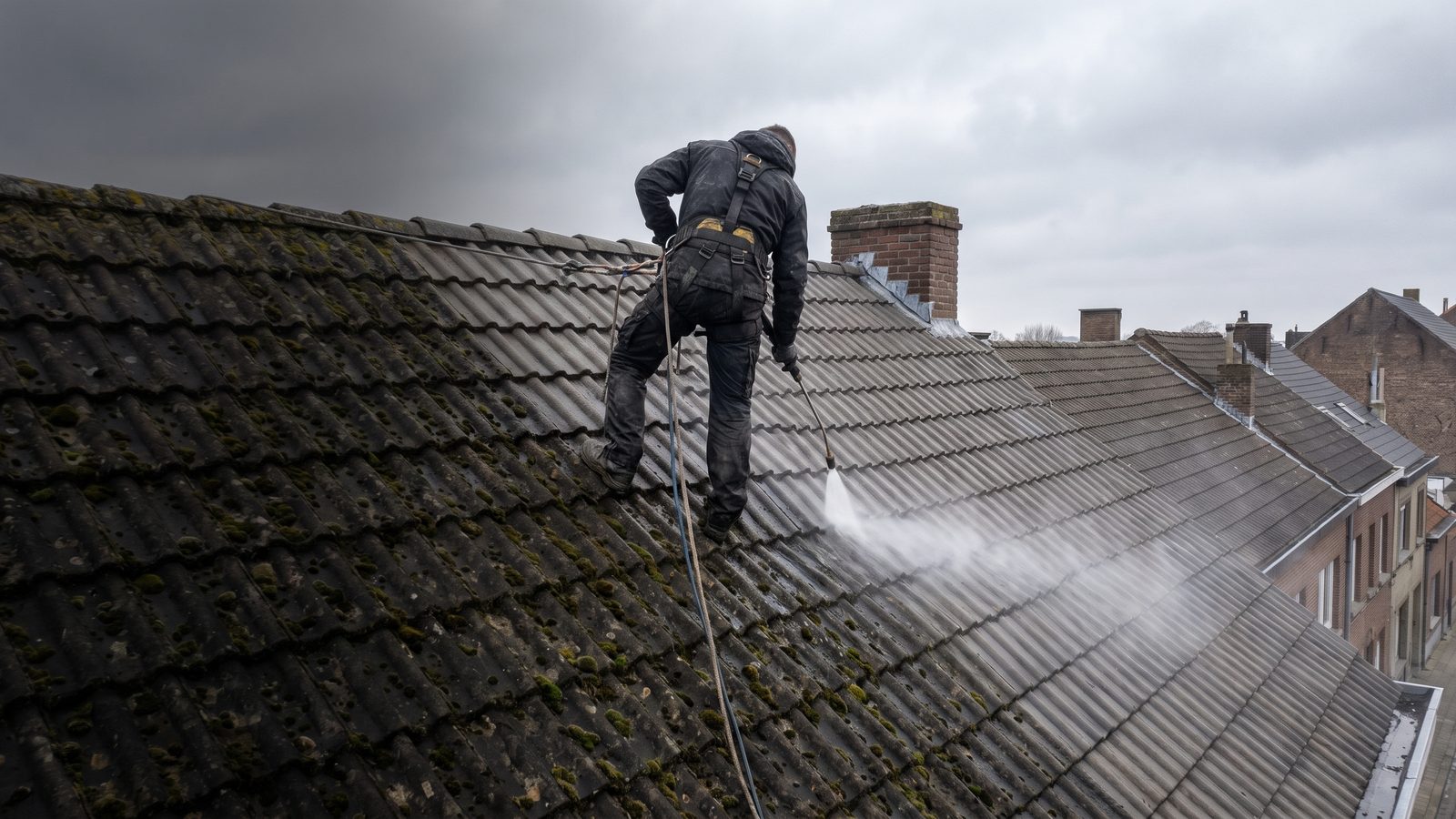 Dakwerker reinigt een hellend pannendak, met een scherpe grens tussen het bemoste en het gereinigde deel