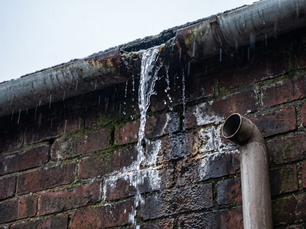 Regenwater dat over de rand van een verstopte dakgoot langs een bakstenen gevel loopt, met een donkere vochtplek eronder