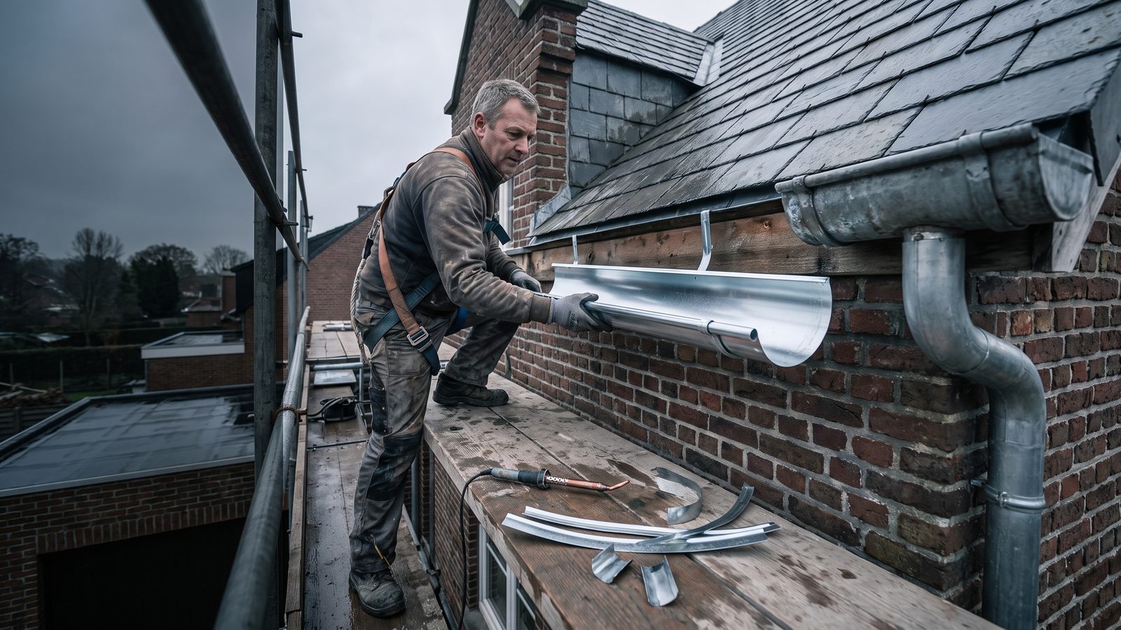 Dakwerker vervangt een zinken hanggoot langs de dakrand van een Belgische woning