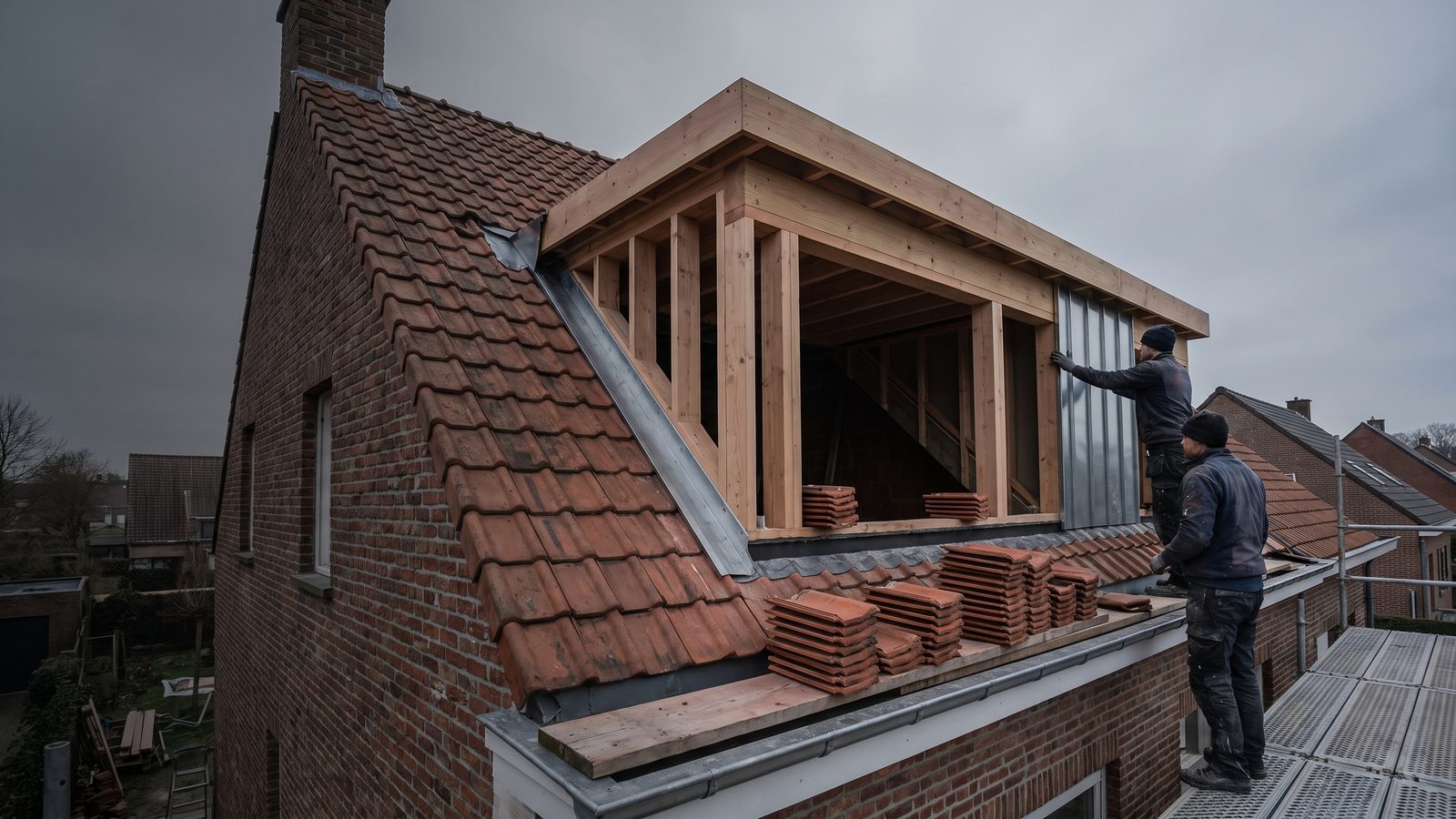 Dakkapel in aanbouw in een pannendak, met de houten kast geplaatst en het zinkwerk langs de wangen