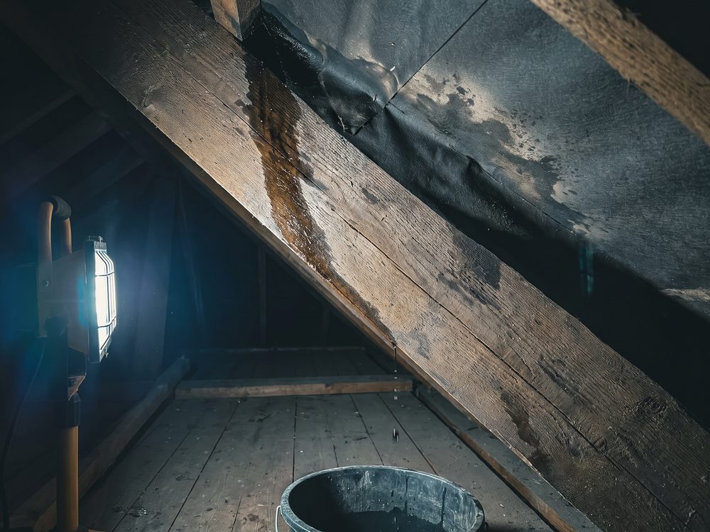 Nat spoor dat schuin over een keper naar beneden loopt, van hoog bij de nok tot een lager punt waar het druppelt