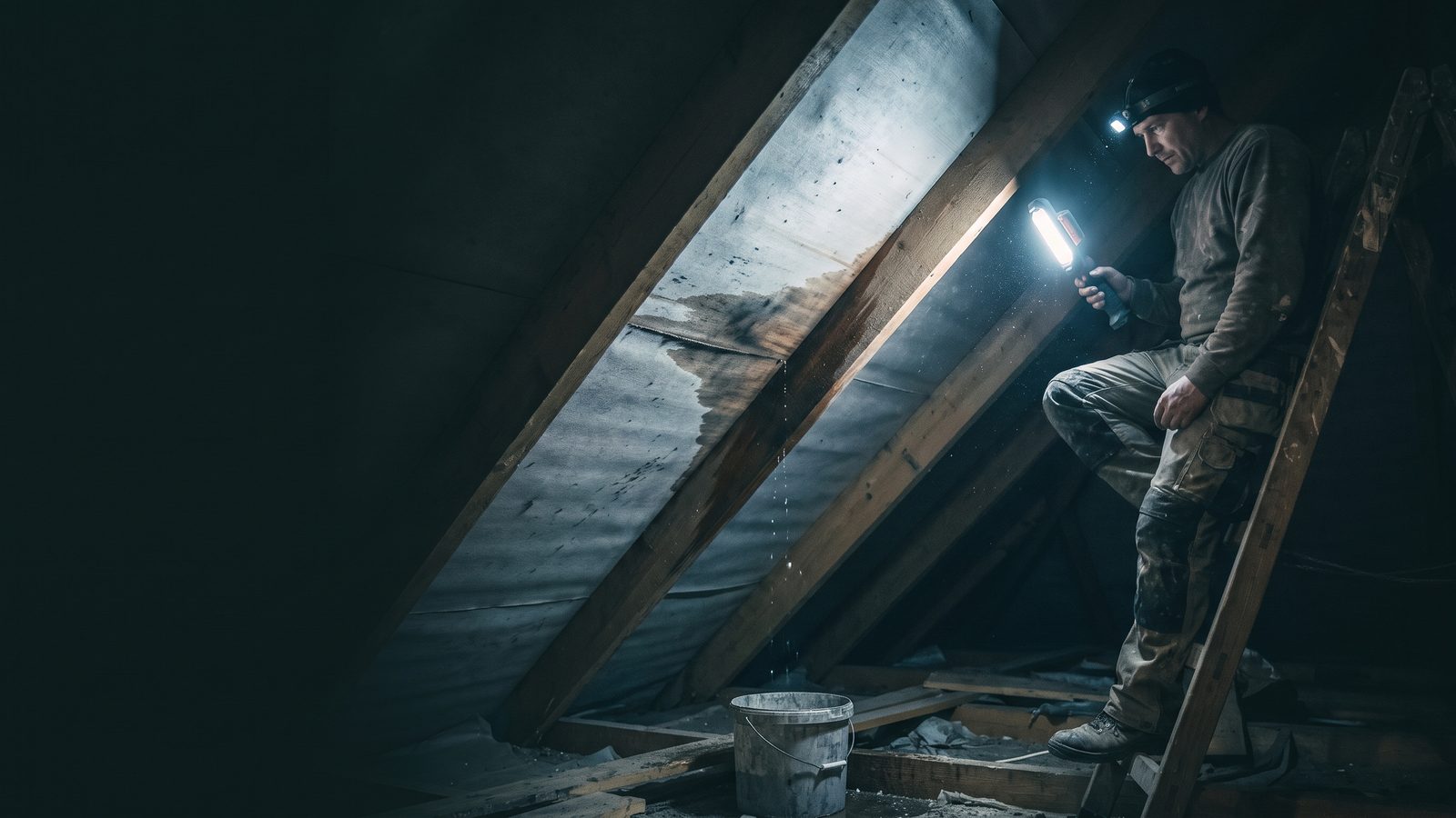 Dakwerker zoekt met een werklamp de bron van een lek op zolder, met een natte baan op het onderdak