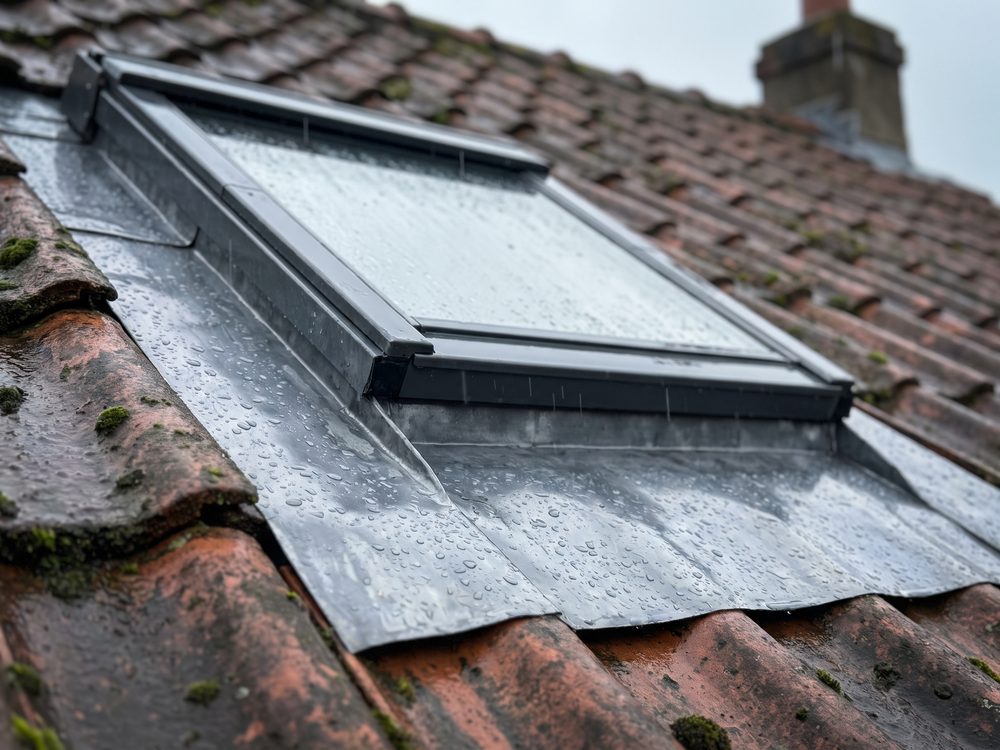 Metalen gootstuk rondom een dakraam, weggewerkt onder en over de omliggende dakpannen