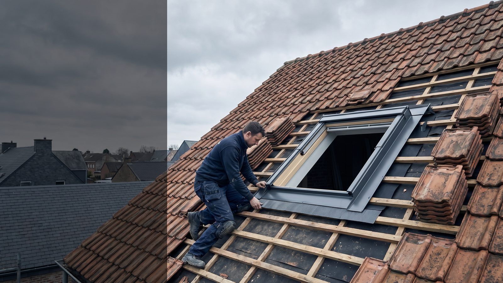 Dakwerker plaatst een dakraam in een pannendak en werkt het gootstuk rondom af