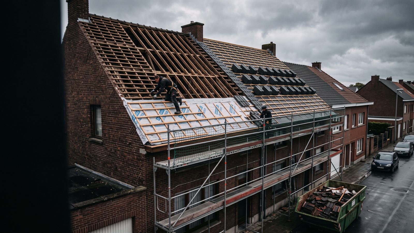 Dakrenovatie in uitvoering op een Belgische rijwoning, met de oude pannen eraf en het onderdak zichtbaar