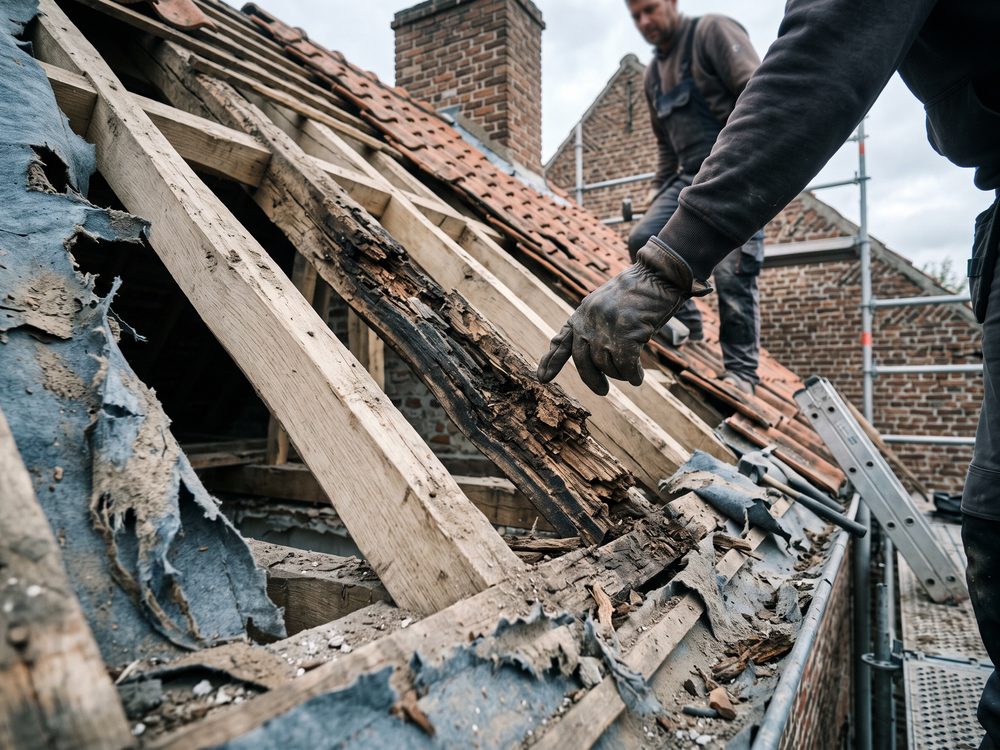 Blootgelegd dakgebint tijdens een renovatie, met een aangetaste balk tussen gezonde balken