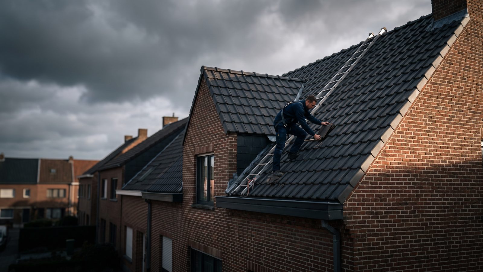 Dakwerker legt dakpannen op een hellend dak van een Belgische woning