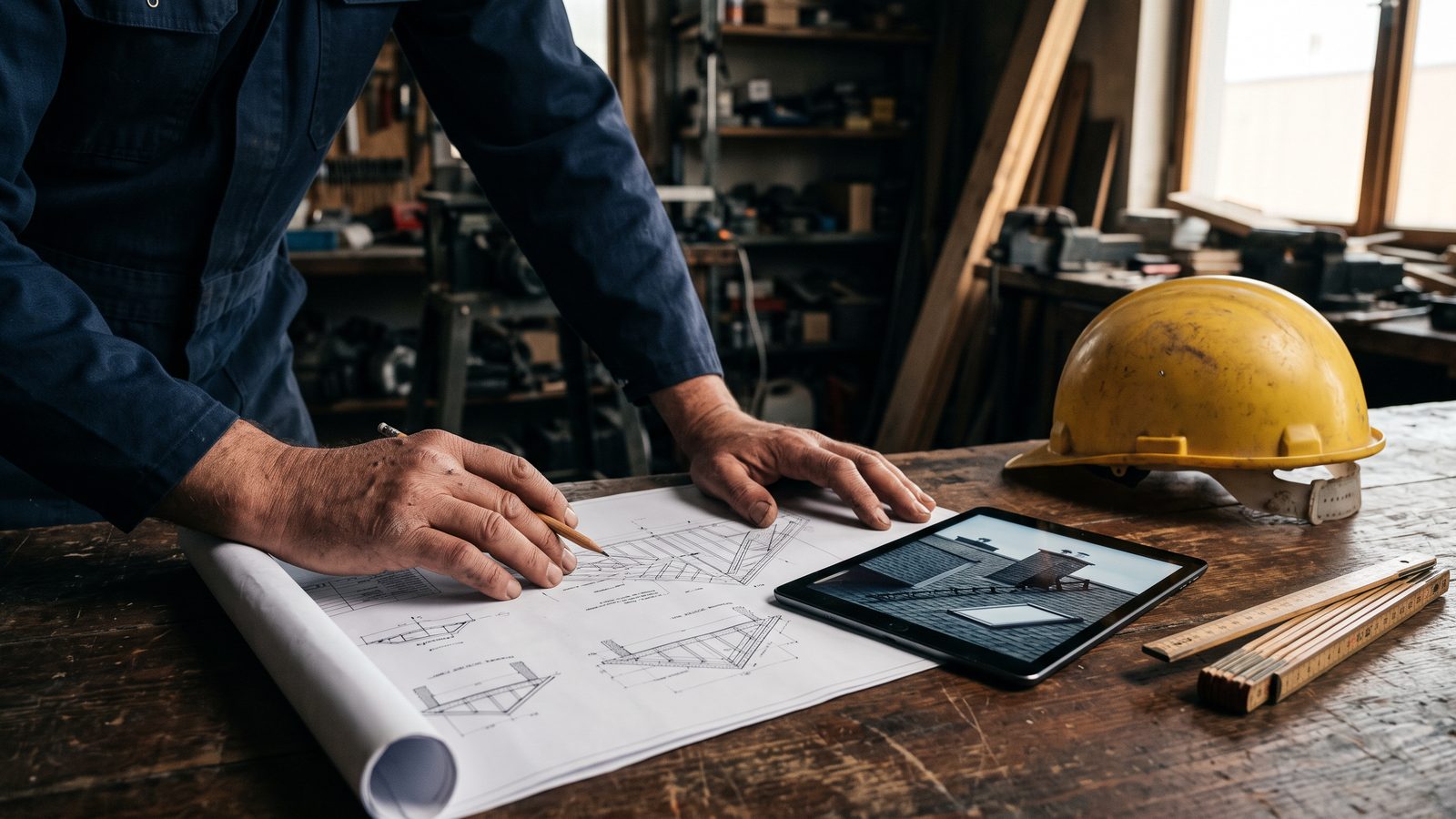 Werkplek met dakplan en tablet, waar aanvragen worden behandeld