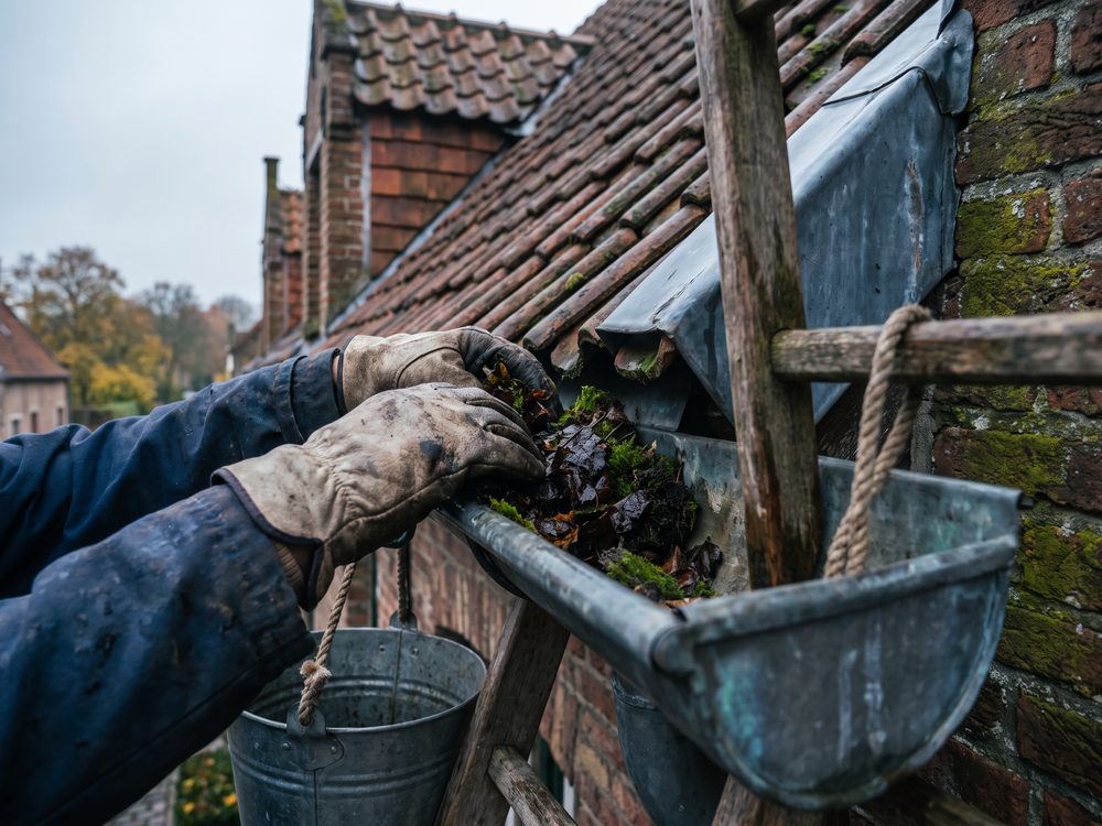 Nettoyage d'une gouttière en zinc encombrée de feuilles sur une maison belge