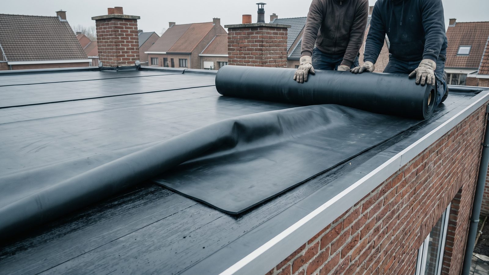 EPDM-dakbedekking wordt in een naadloze baan over een plat dak uitgerold