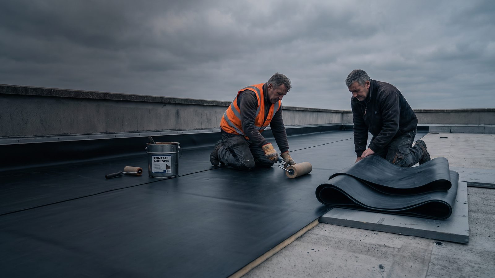 Twee dakwerkers rollen een zwarte EPDM-baan uit over een plat dak, met de isolatieplaten nog zichtbaar