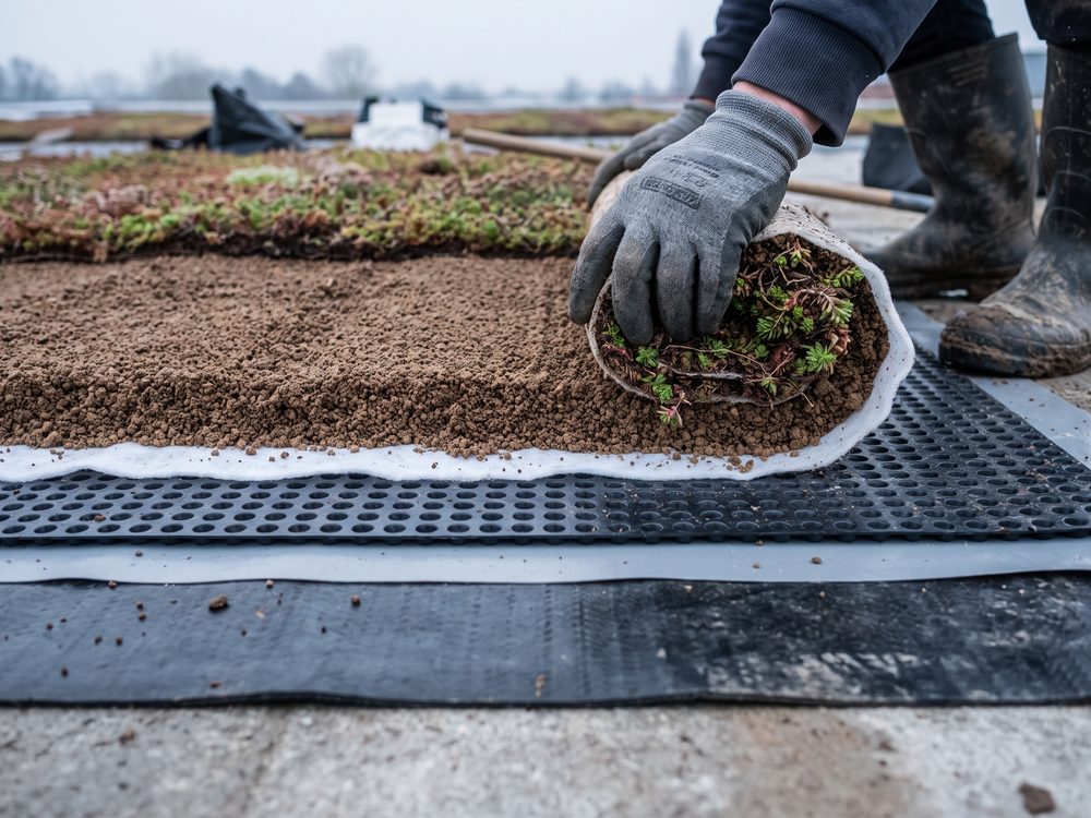 Doorsnede van een groendak in aanbouw met dichting, wortelwering, drainagelaag, filterdoek, substraat en sedum