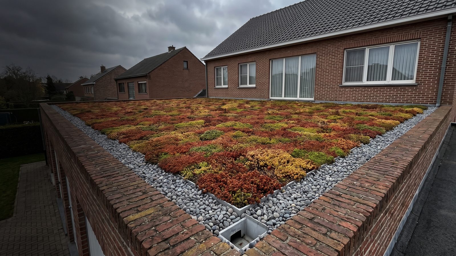 Extensief sedumdak op een plat garagedak, met een grindstrook langs de dakrand