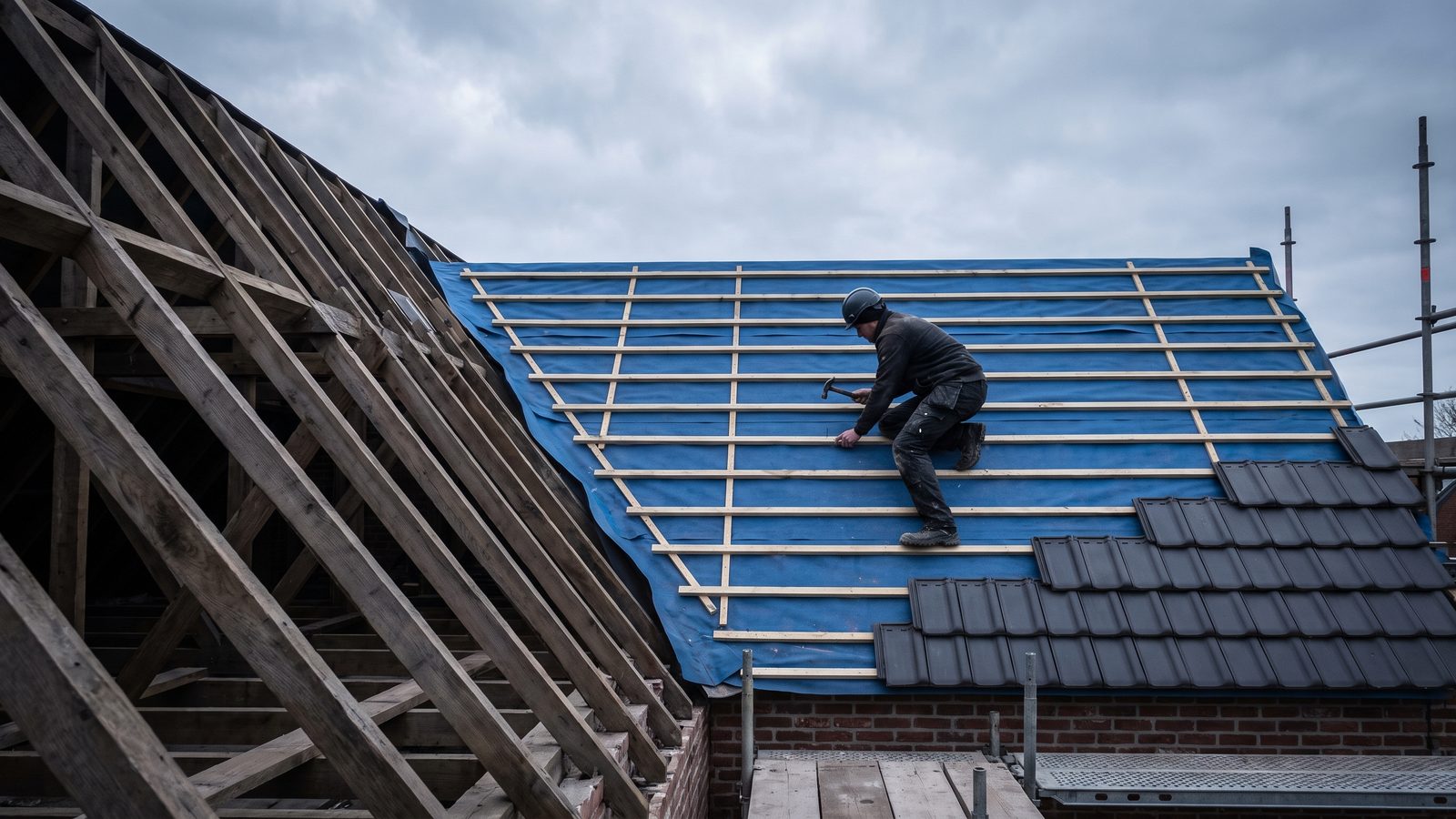 Hellend dak in aanbouw met spanten, onderdak, panlatten en de eerste rijen dakpannen