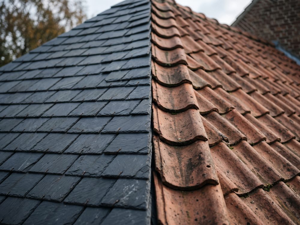 Natuurleien en keramische dakpannen naast elkaar op een hellend dak