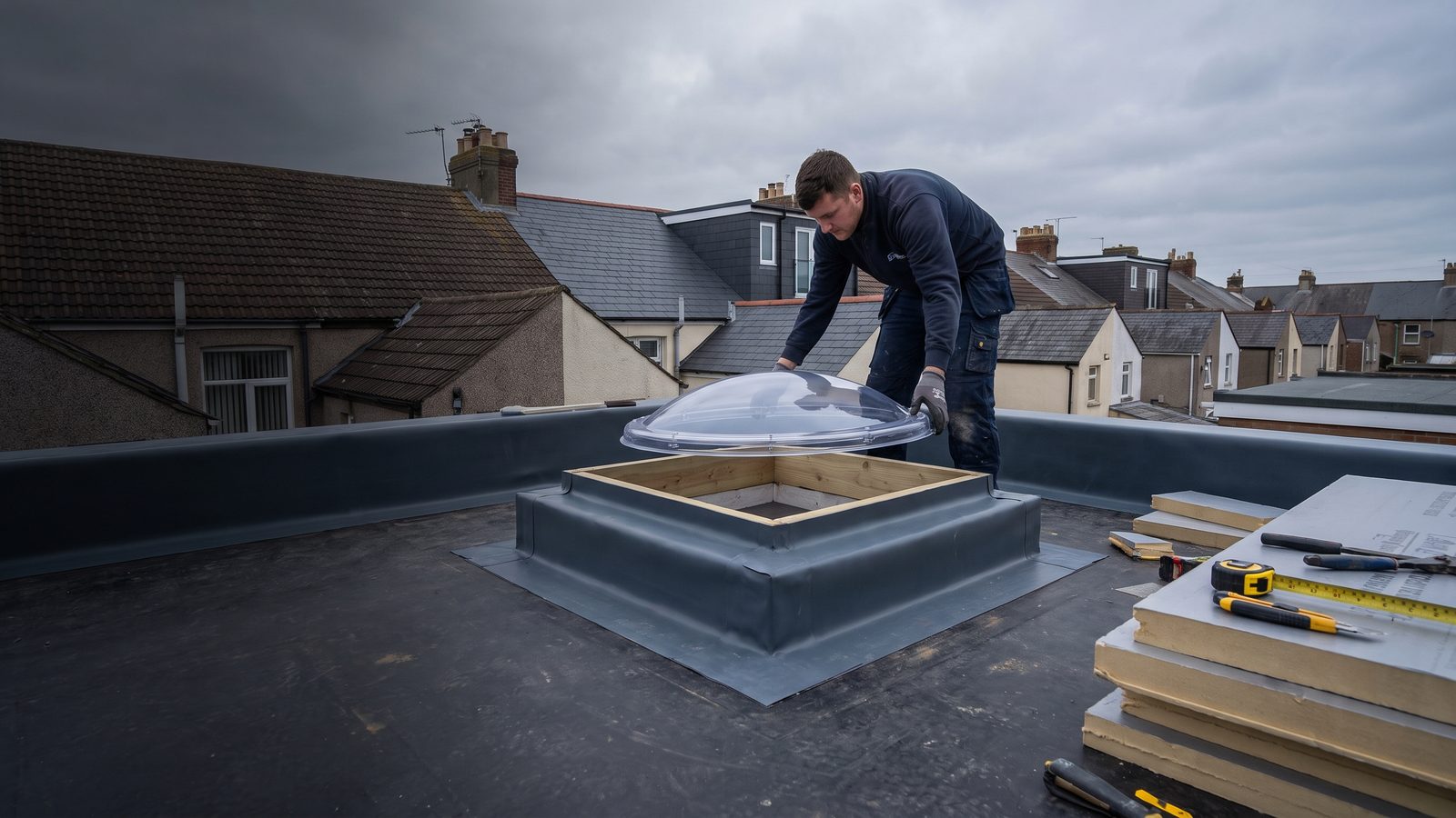 Dakwerker plaatst een lichtkoepel op de opstand van een plat dak, met de EPDM-dichting rondom opgewerkt