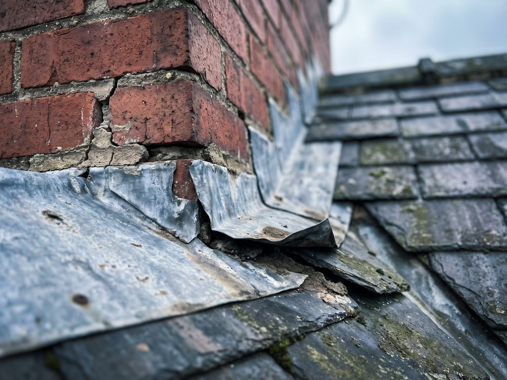 Loodslabben op de aansluiting tussen schoorsteen en dakpannen, met gebarsten voegwerk