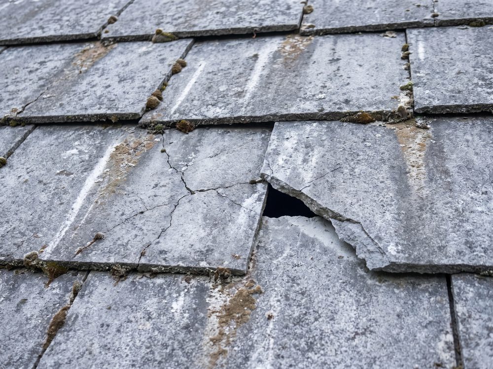 Oude verweerde vezelcementleien met mos in de voegen en enkele gebarsten plaatjes