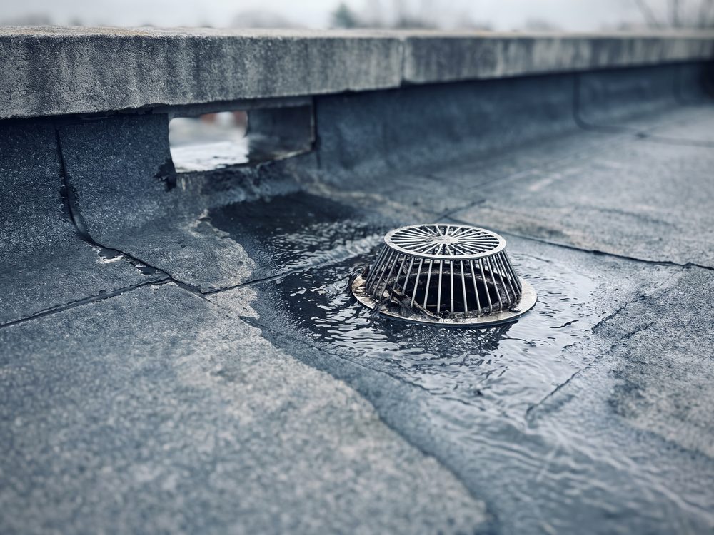 Afvoerput met bladvanger in een EPDM-dak, met daarnaast een noodoverloop door de dakrand