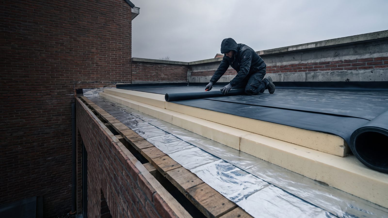 Plat dak in aanbouw met de lagen zichtbaar: dakvloer, dampscherm, isolatie en EPDM-dichting