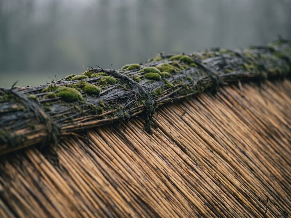 Verweerde nokafwerking op een ouder rieten dak, met het dakvlak eronder nog in goede staat