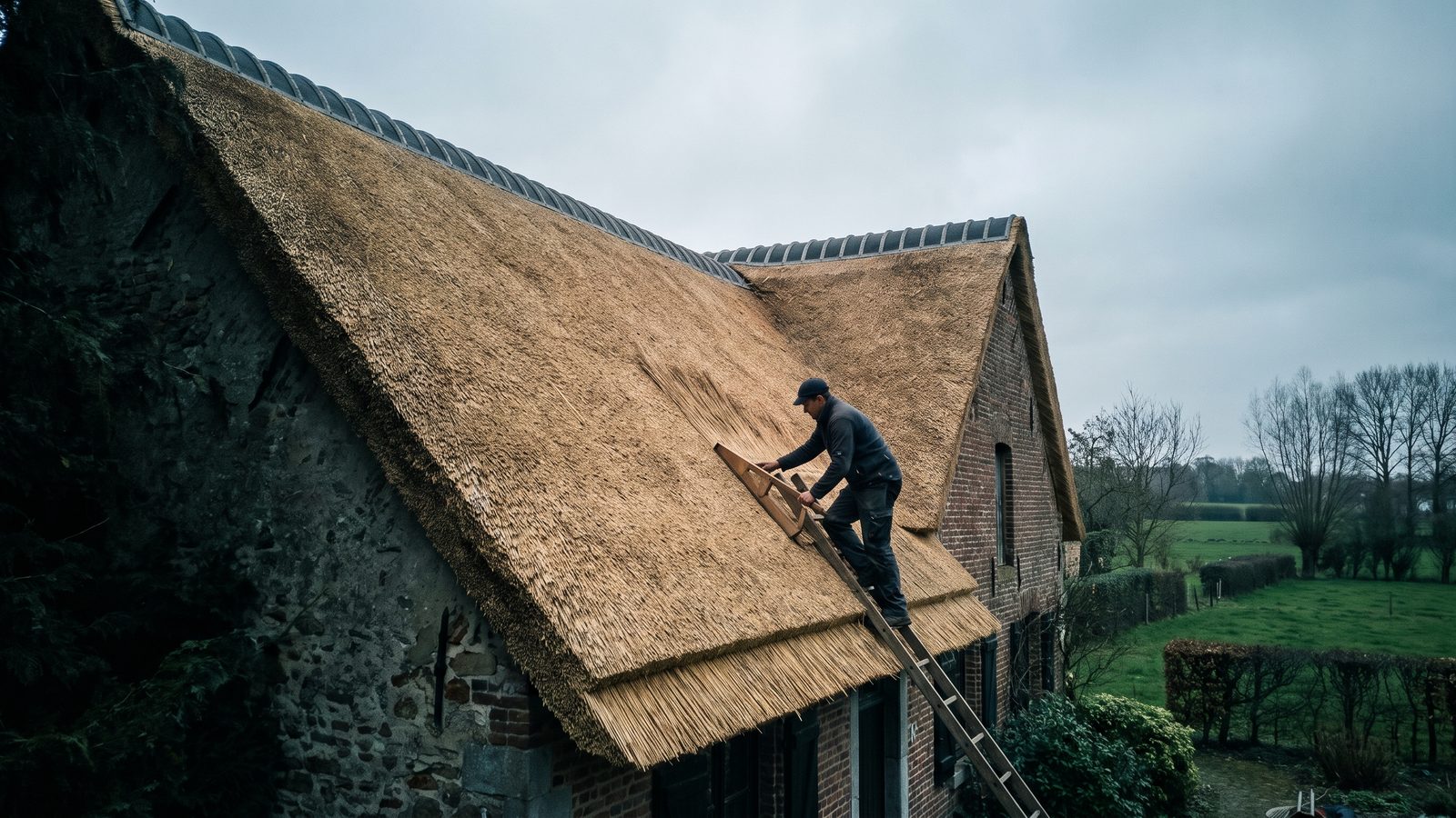 Rietdekker werkt aan een steil rieten dak van een Belgische landelijke woning