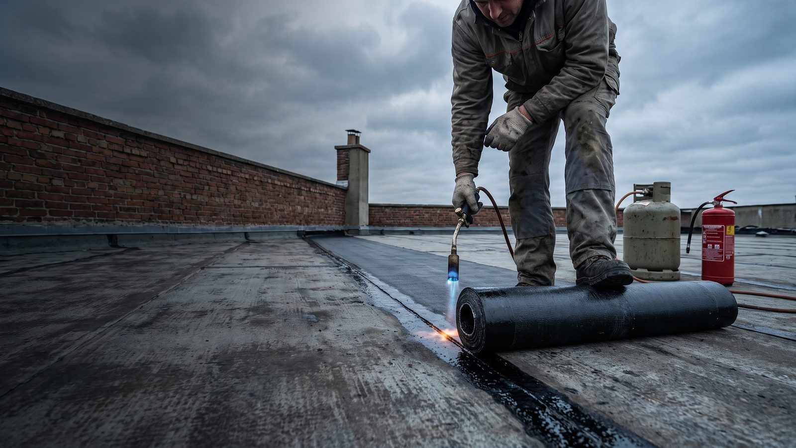 Dakwerker brandt een bitumenbaan vast op een plat dak, met een gasfles en een brandblusser naast zich
