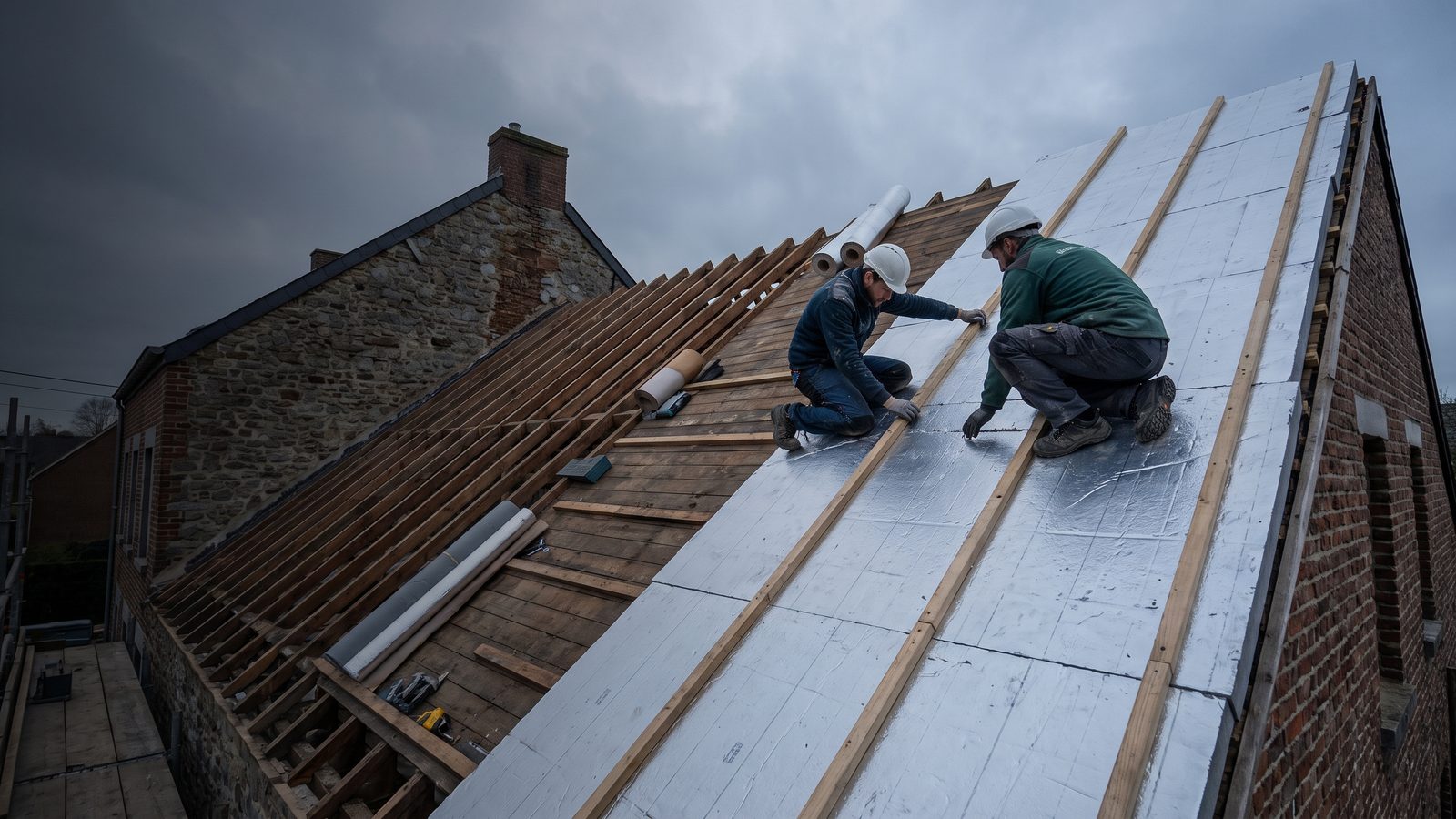 Sarkingisolatie in aanbouw: doorlopende isolatieplaten boven de kepers met tengellatten erdoorheen geschroefd