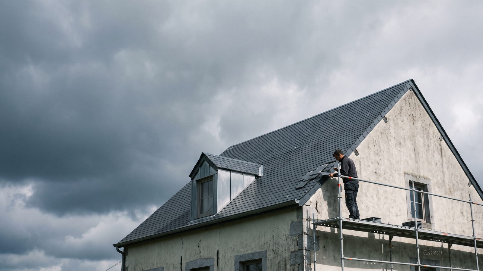 Couvreur inspectant une toiture en ardoises naturelles sur une maison belge
