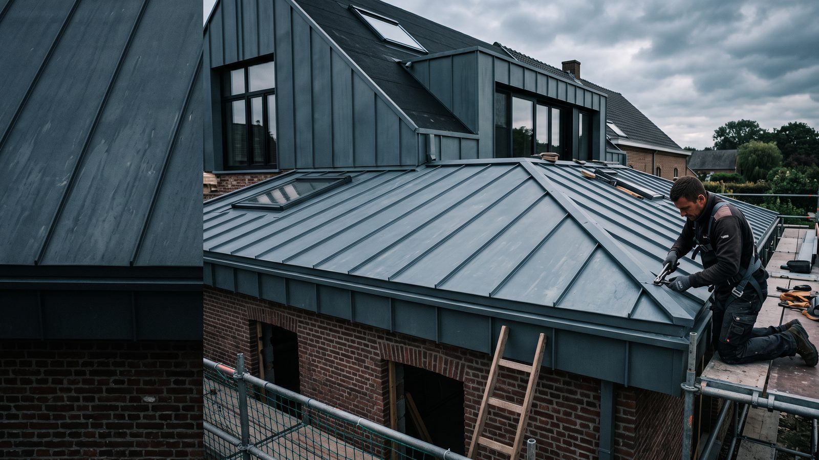 Zinken felsdak met staande naden op een moderne uitbouw, met een dakwerker die een naad dichtzet